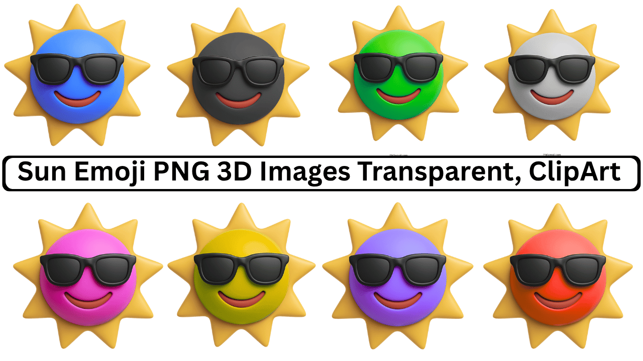 Colorful 3D sun emoji faces with sunglasses in vibrant colors, transparent background