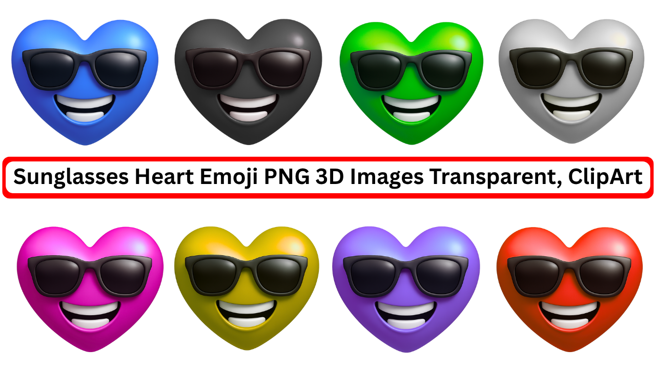 Colorful 3D heart emojis wearing sunglasses in PNG transparent clipart collection