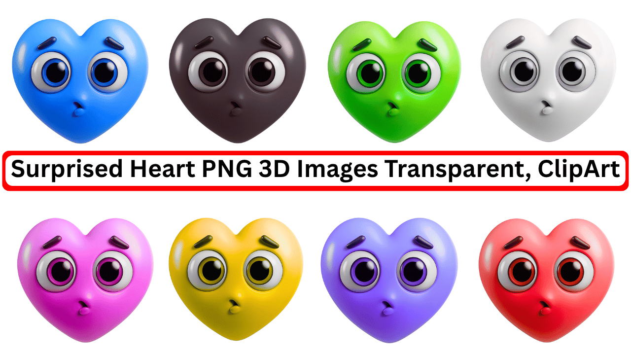 Colorful 3D surprised heart emojis in PNG clipart format with transparent backgrounds