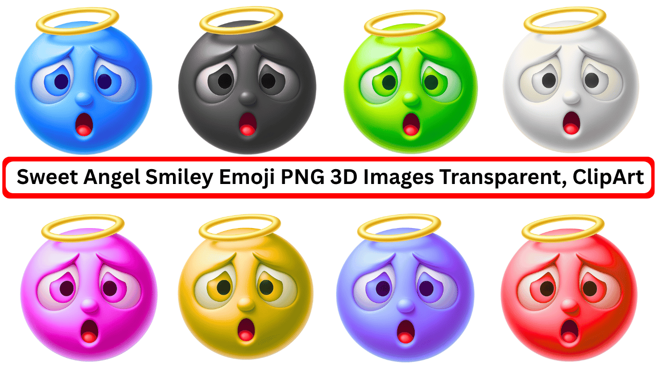 Colorful 3D angel smiley emoji set with halo in PNG transparent clipart format