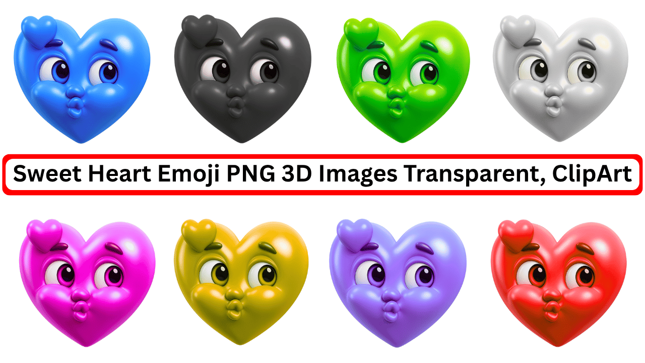 3D colorful sweet heart emojis set with kiss expressions in multiple vibrant shades