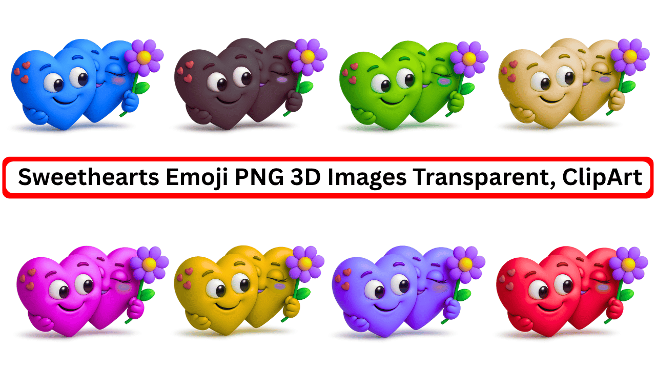 Cute 3D sweethearts emoji holding flowers in colorful heart couple clipart design