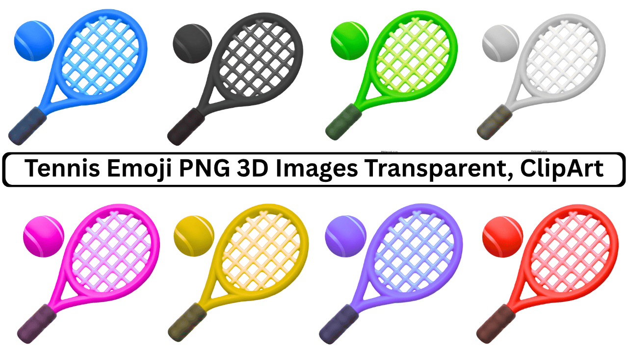 Multicolor 3D tennis emoji pack with rackets and balls on transparent background