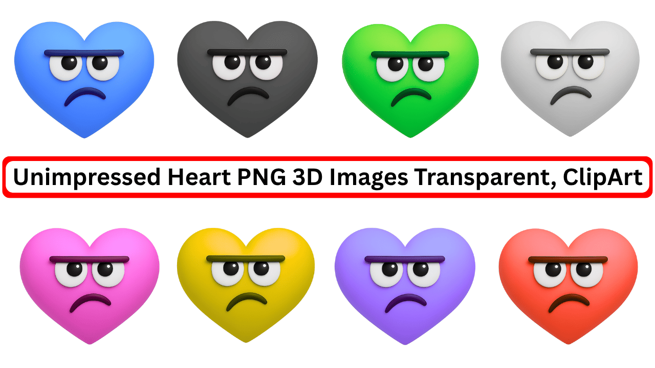 3D unimpressed heart emoji collection in colorful PNG clipart style with transparent background
