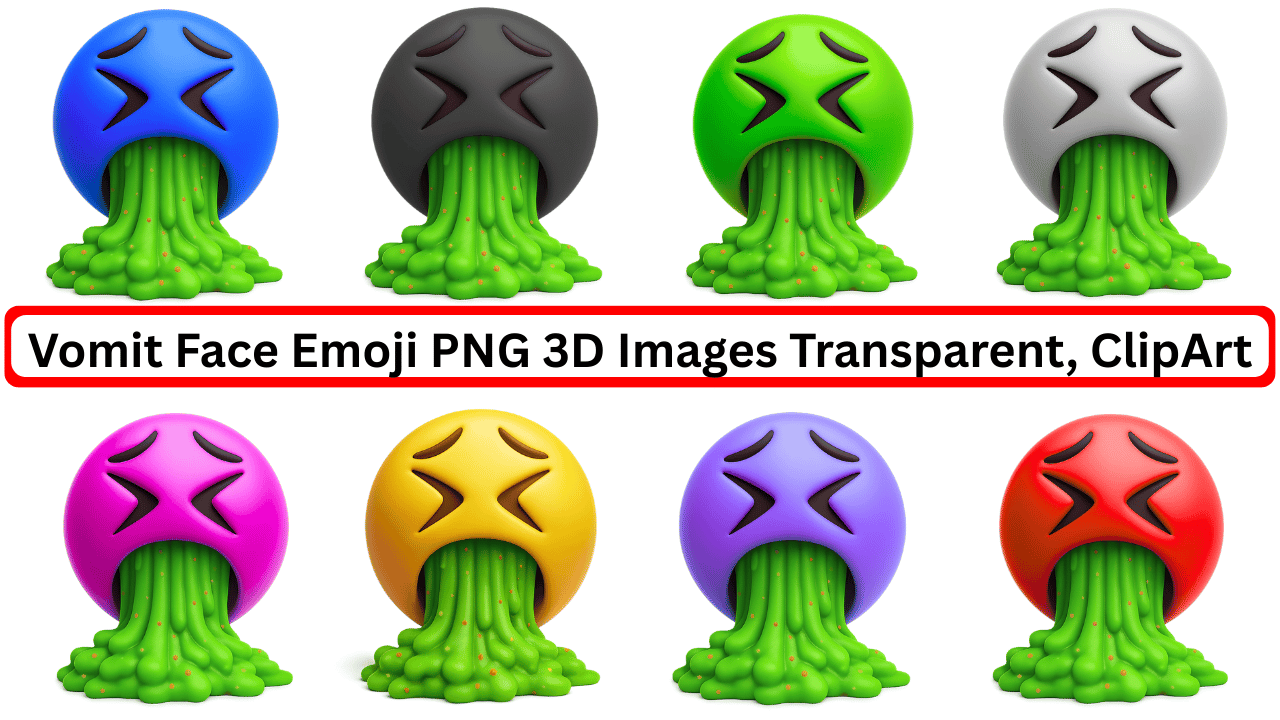 Colorful 3D vomit face emoji PNG pack with transparent background and green slime