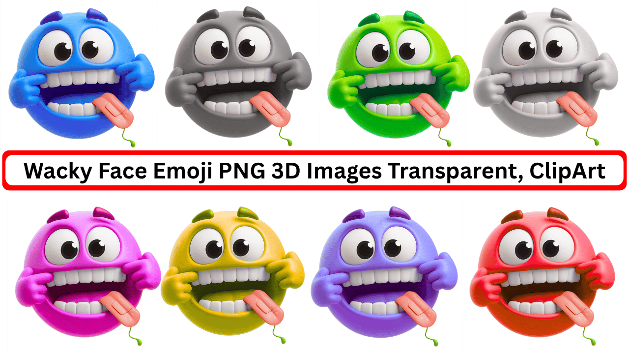 Colorful 3D wacky face emoji PNGs with silly expression and tongue out clipart