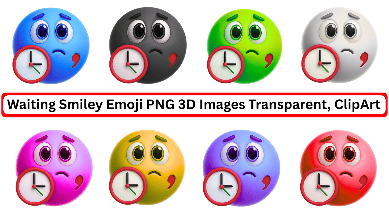 Colorful 3D waiting smiley emojis with clocks in transparent PNG clipart set