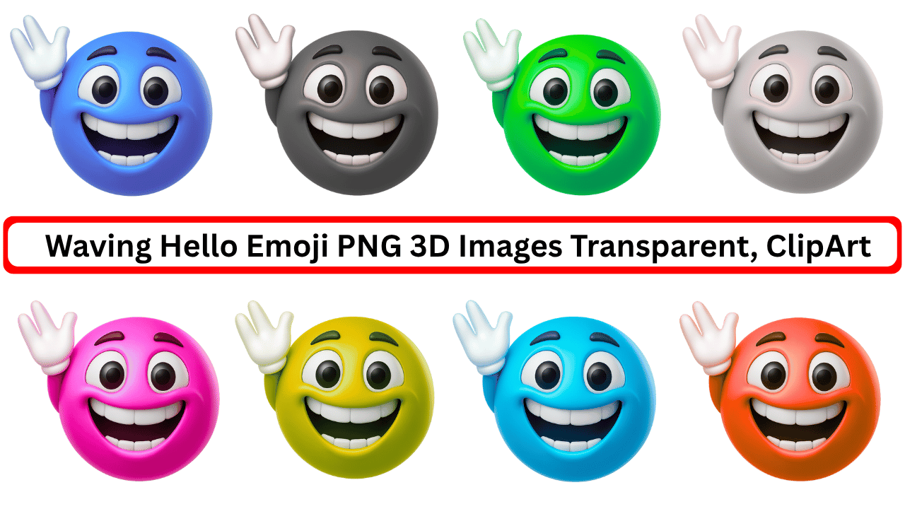 Colorful 3D waving hello emoji PNGs in blue, black, green, grey, pink, yellow, light blue, orange