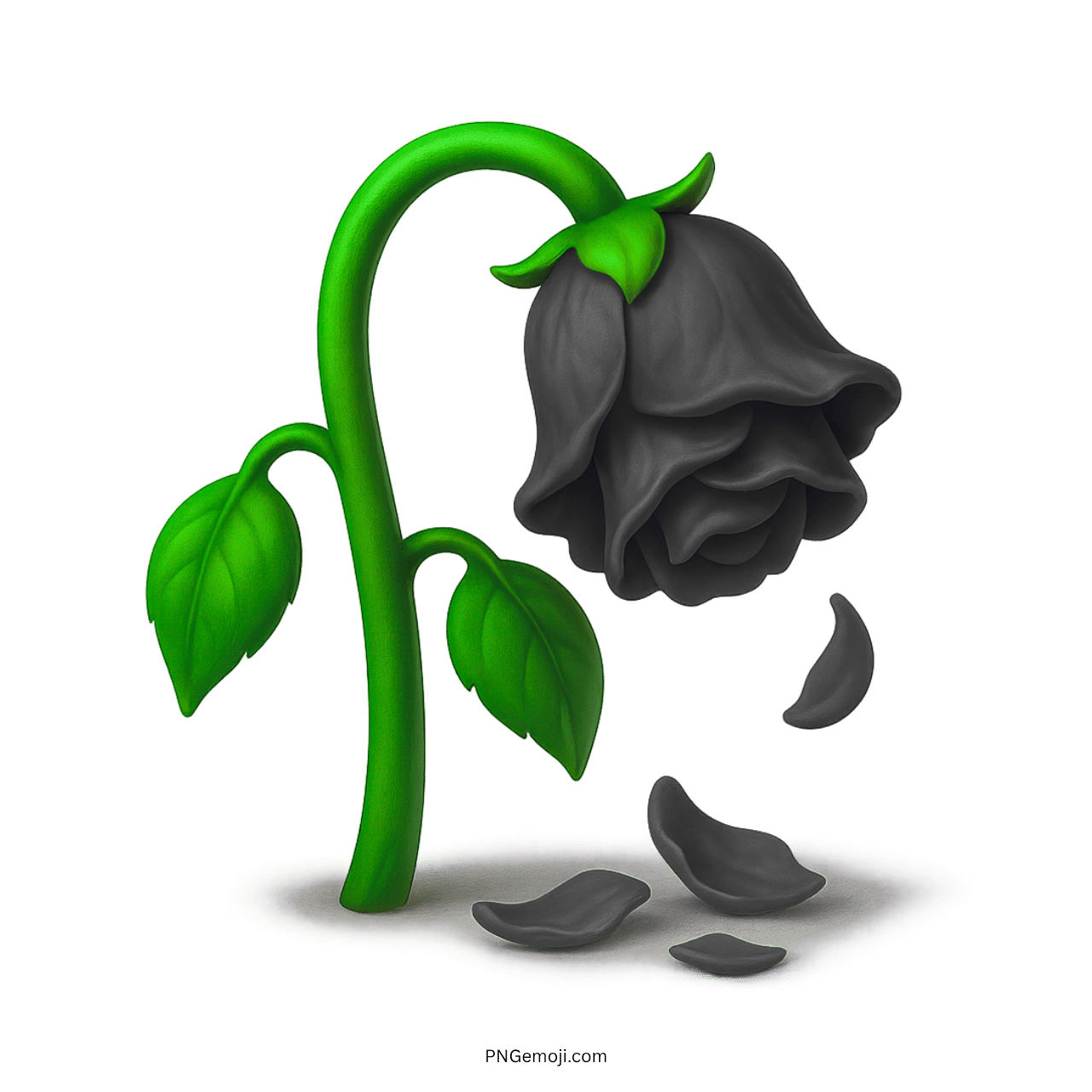  Wilted black rose emoji with falling petals on a green stem.