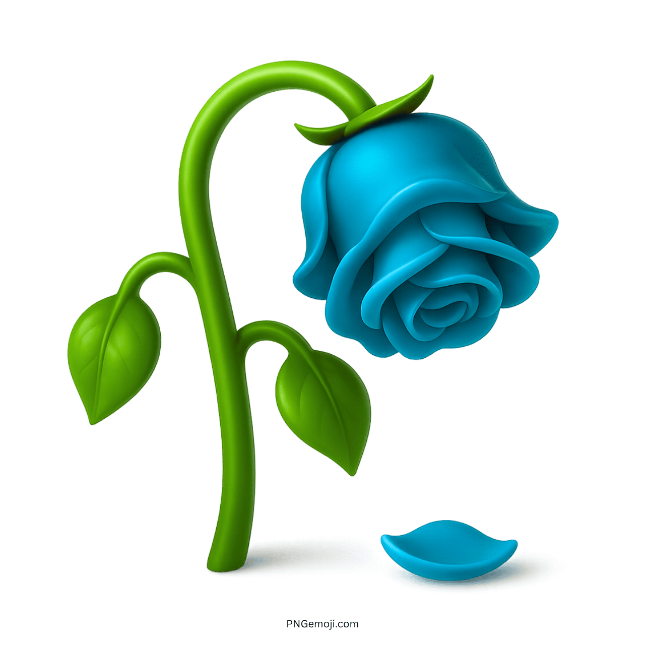  Wilted blue rose emoji with a drooping stem and fallen petal on a transparent background.