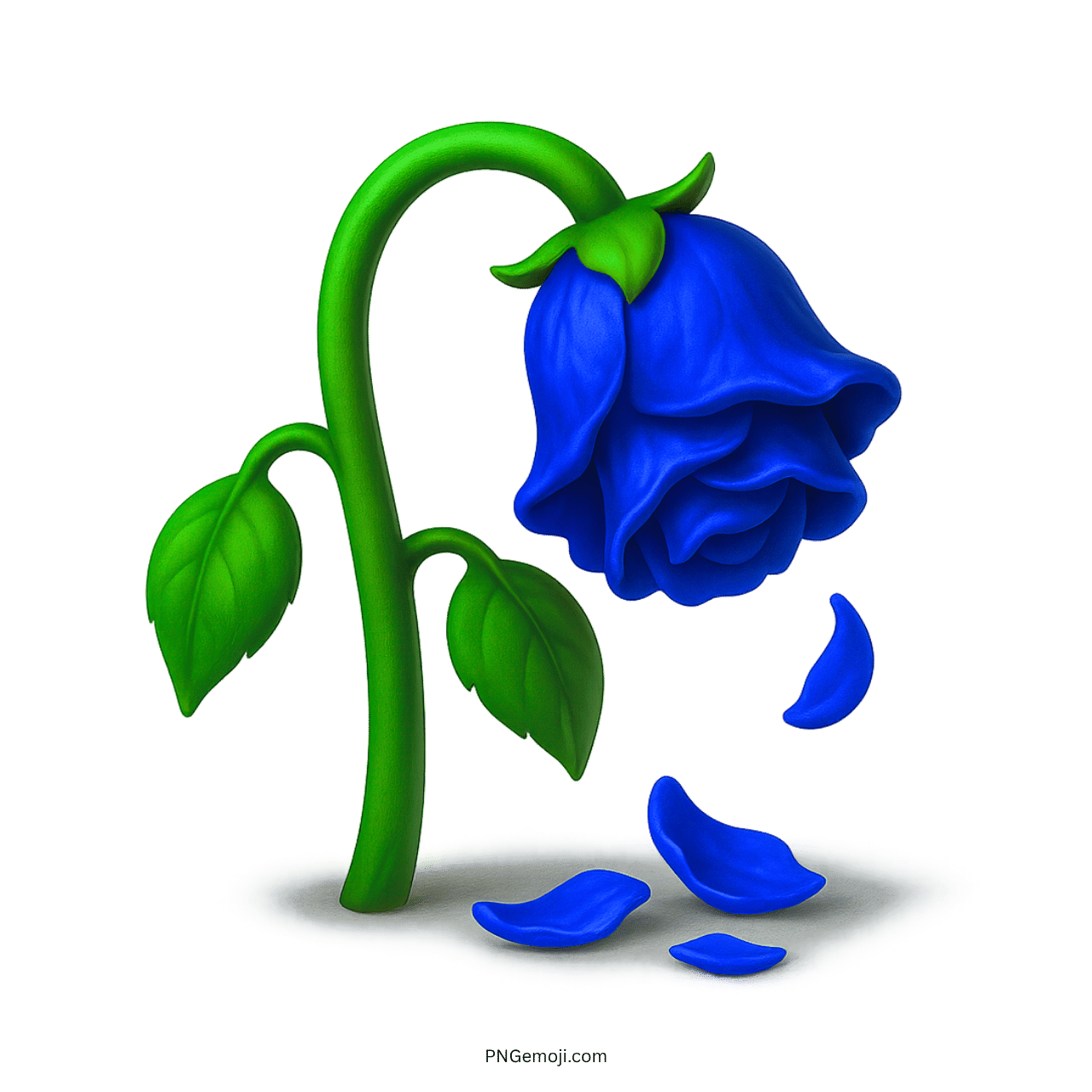 Wilted blue rose emoji with petals falling on a green stem.