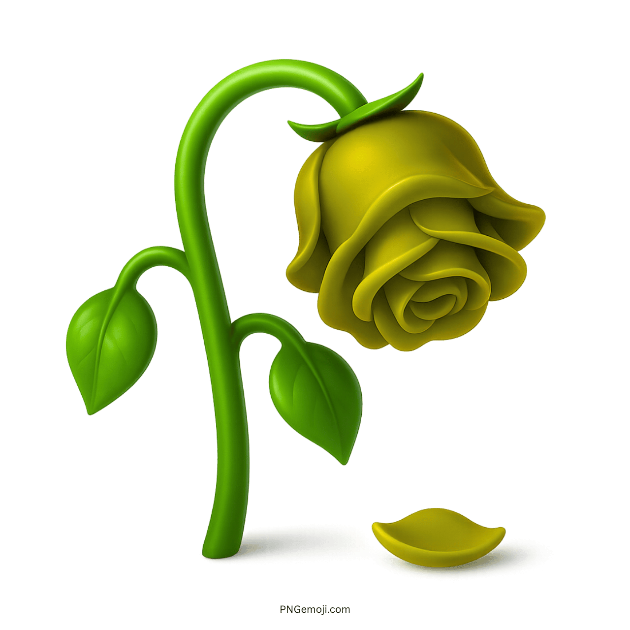 Wilted yellow rose emoji with a drooping stem and fallen petal on a transparent background.