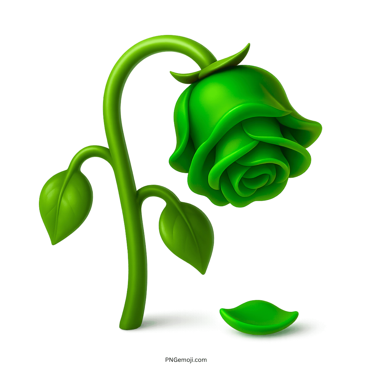 Wilted green rose emoji with a drooping stem and fallen petal on a transparent background.