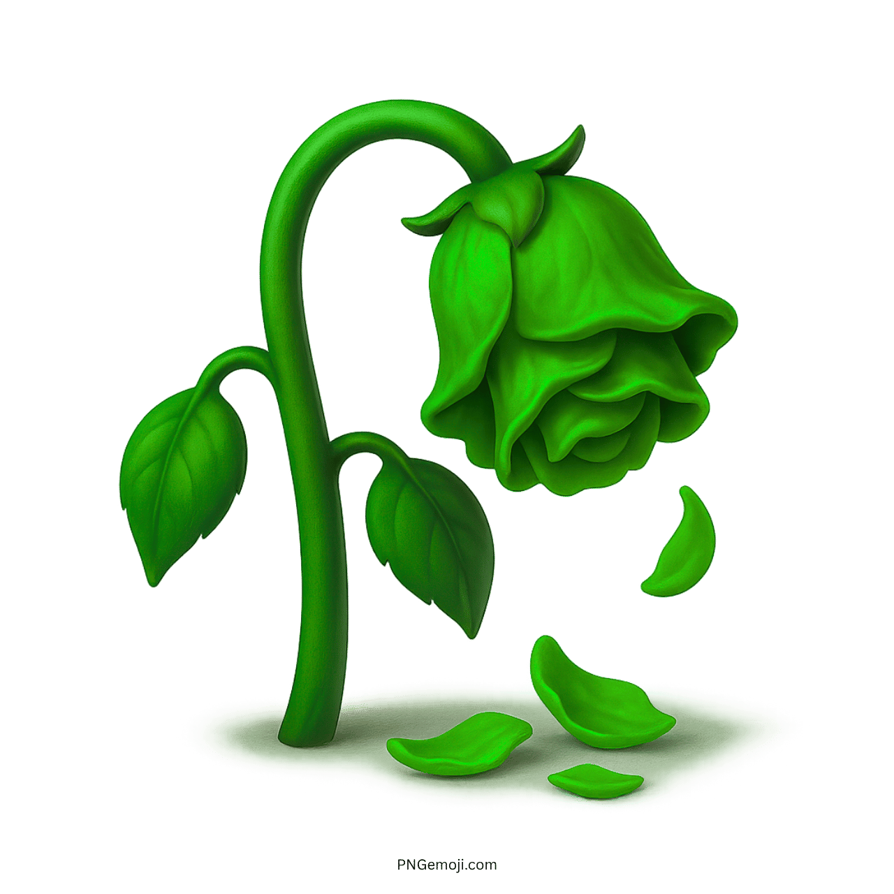 Wilted green rose emoji with falling petals, representing unusual or untraditional beauty.