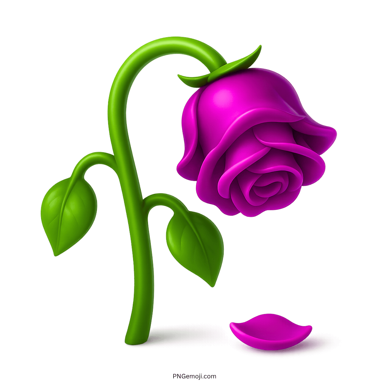 Wilted purple rose emoji with a drooping stem and fallen petal on a transparent background.