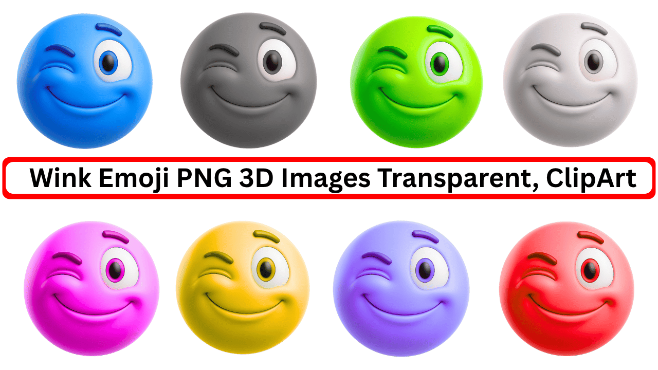 3D wink emoji PNG set in multiple colors with transparent backgrounds for digital use