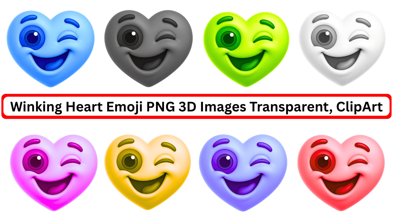 Colorful 3D winking heart emoji PNG set with transparent background and smiling expressions