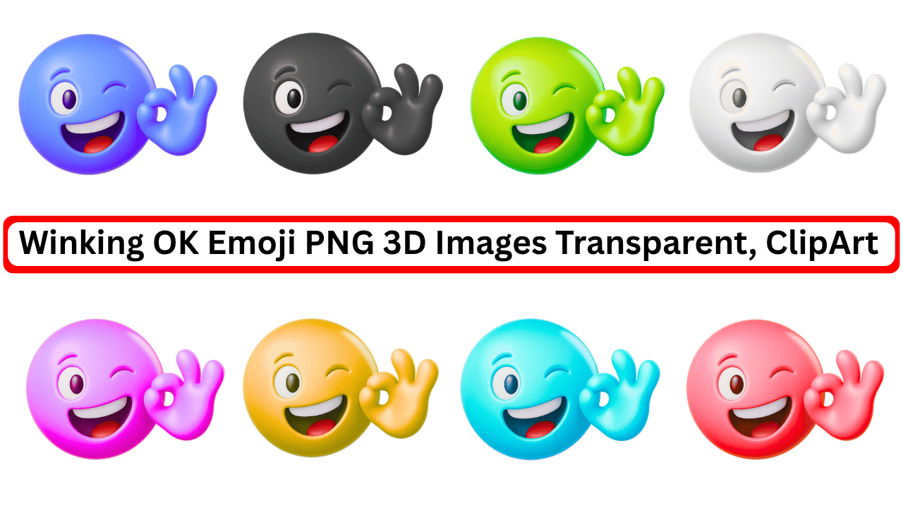Colorful 3D winking OK emoji PNGs in various shades with transparent backgrounds