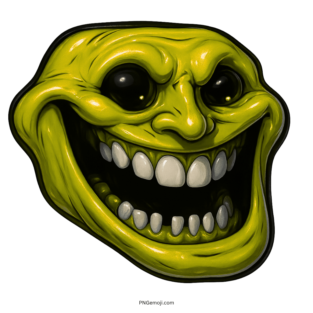 Yellow evil troll face with creepy wide grin and exaggerated meme-style expression