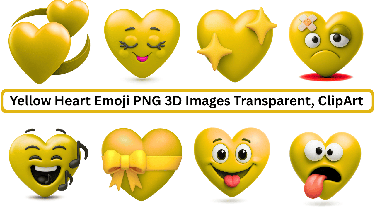 3D yellow heart emoji clipart with cute and funny facial expressions in transparent PNG