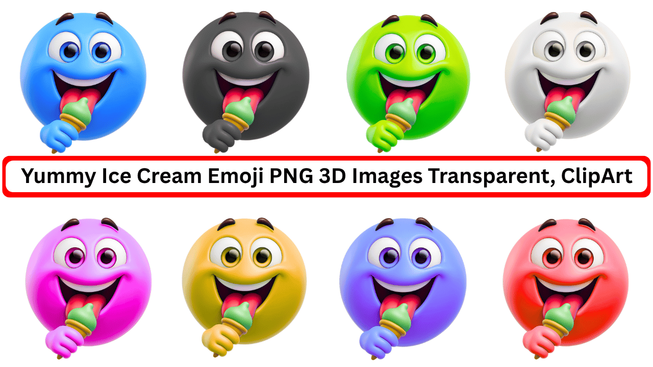 Colorful 3D emoji characters eating ice cream in a fun clipart PNG collection