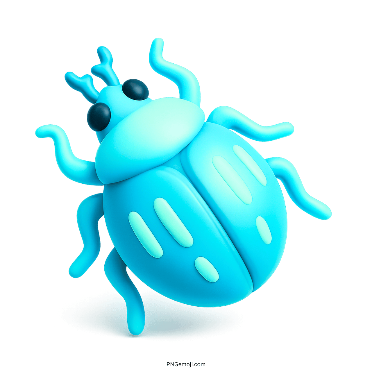 3D cyan beetle emoji with shiny surface, curled legs, and black eyes