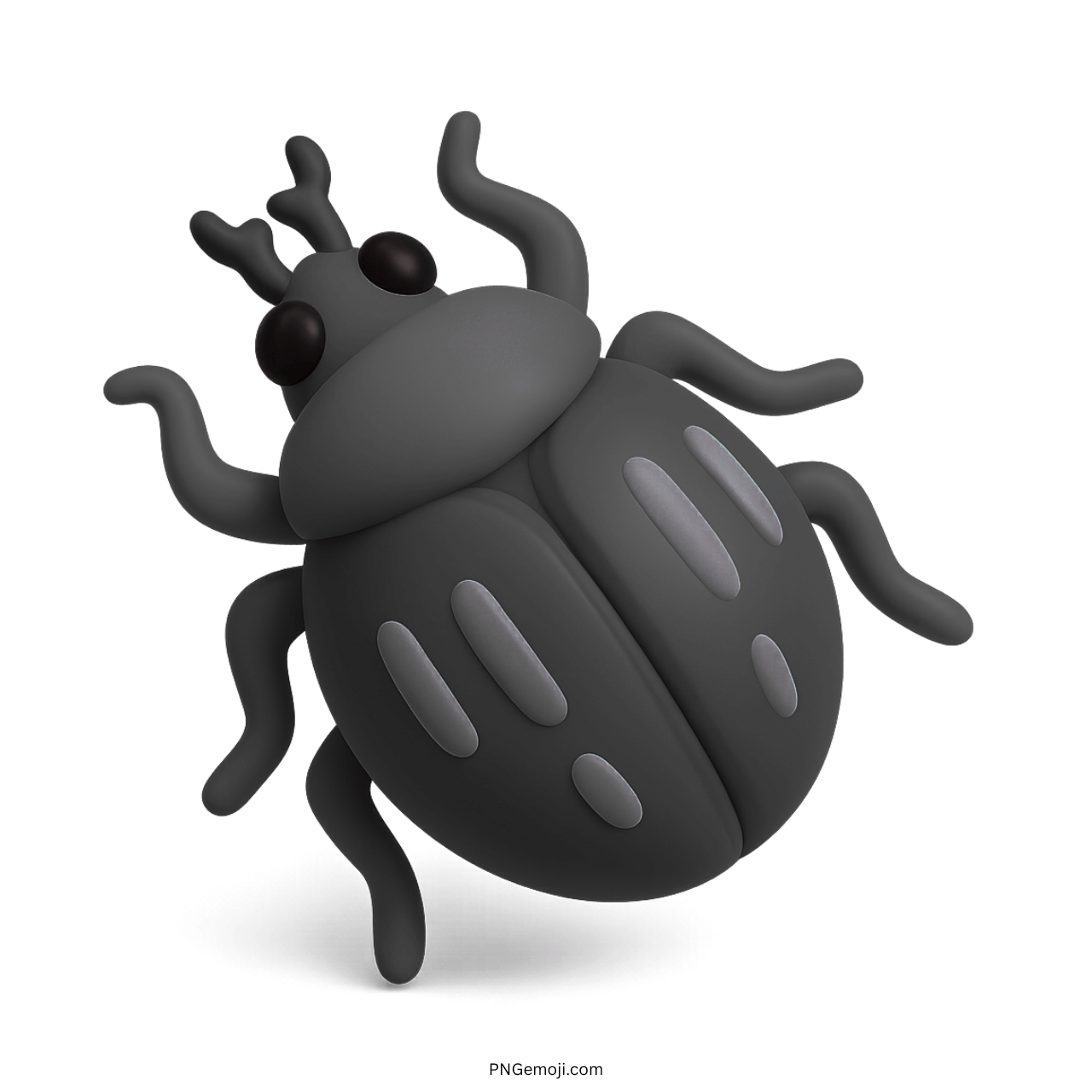 3D gray beetle emoji with curled legs and antennas in a dark cartoon design