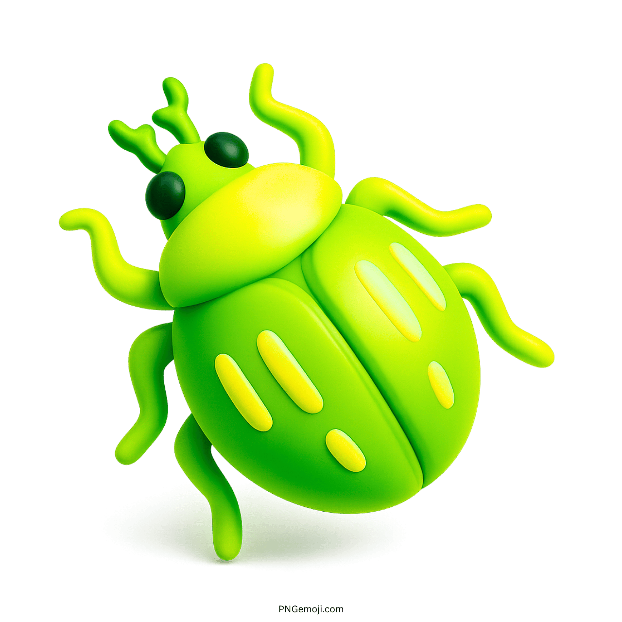 3D green beetle emoji with black eyes and segmented cartoon body parts
