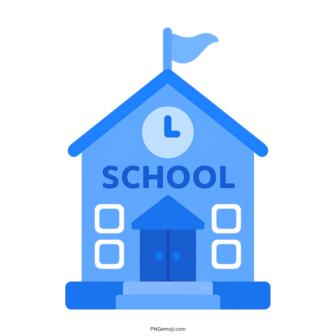 3D blue school building emoji icon with clock and flag transparent background