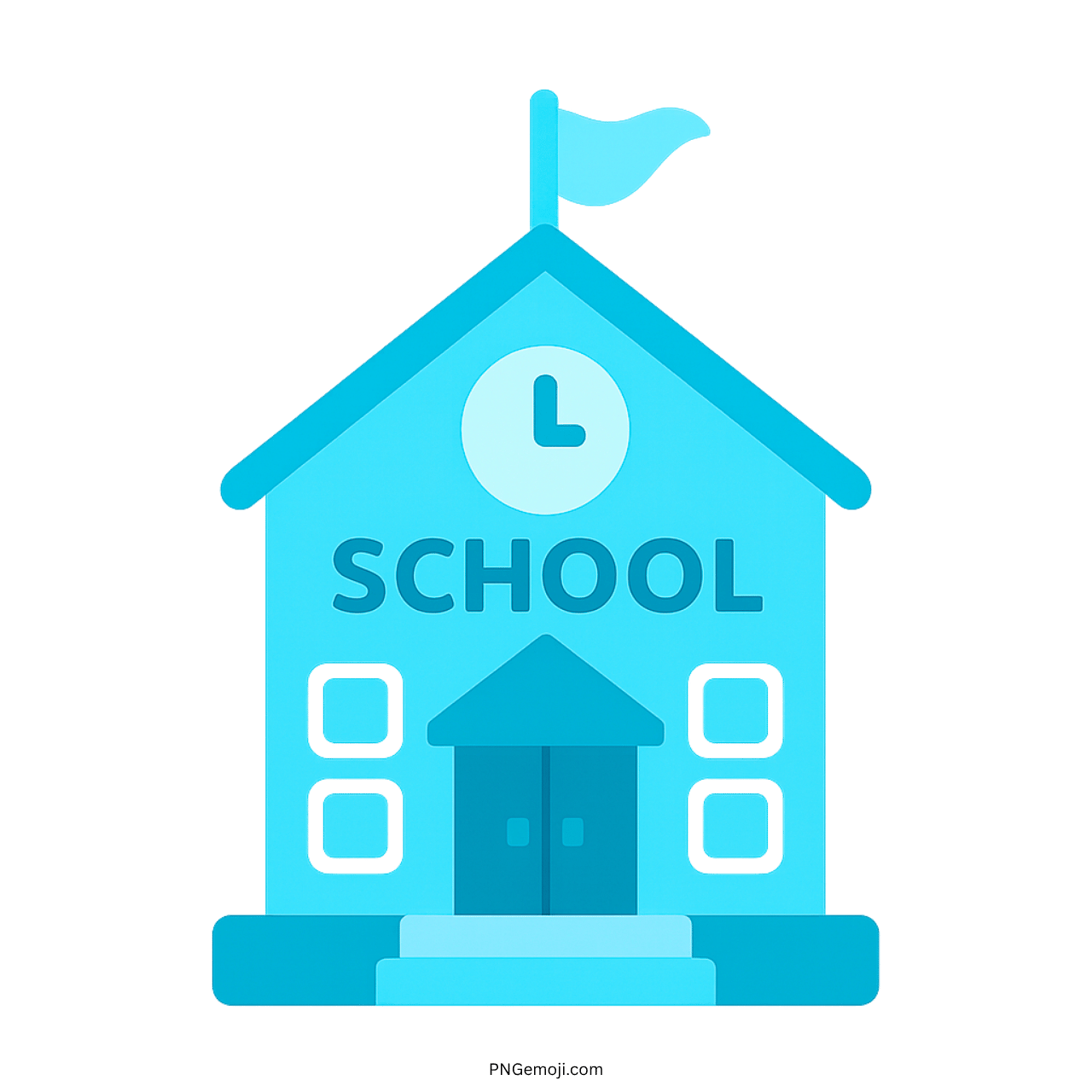 3D blue school emoji with clock, flag and front door on transparent PNG
