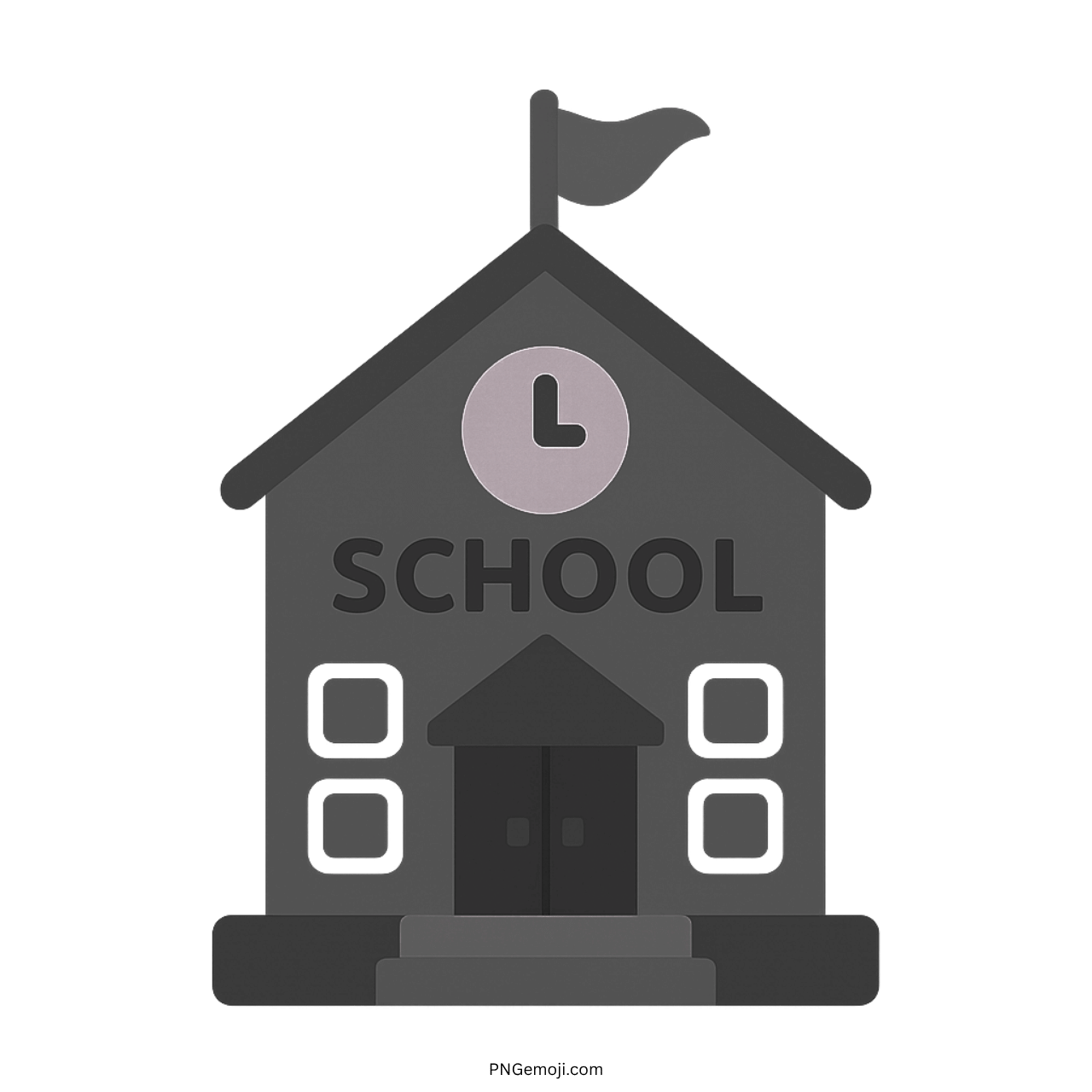Dark 3D school emoji icon with flag, clock, and door in grayscale design