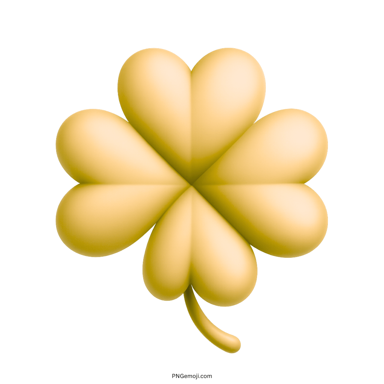 Golden yellow 3D four leaf clover emoji with shiny finish and transparent background
