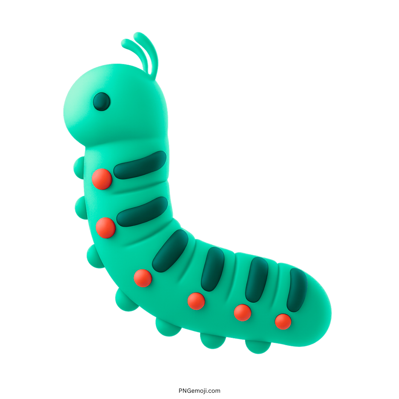 3D green bug caterpillar emoji with orange and dark green segments and transparent background