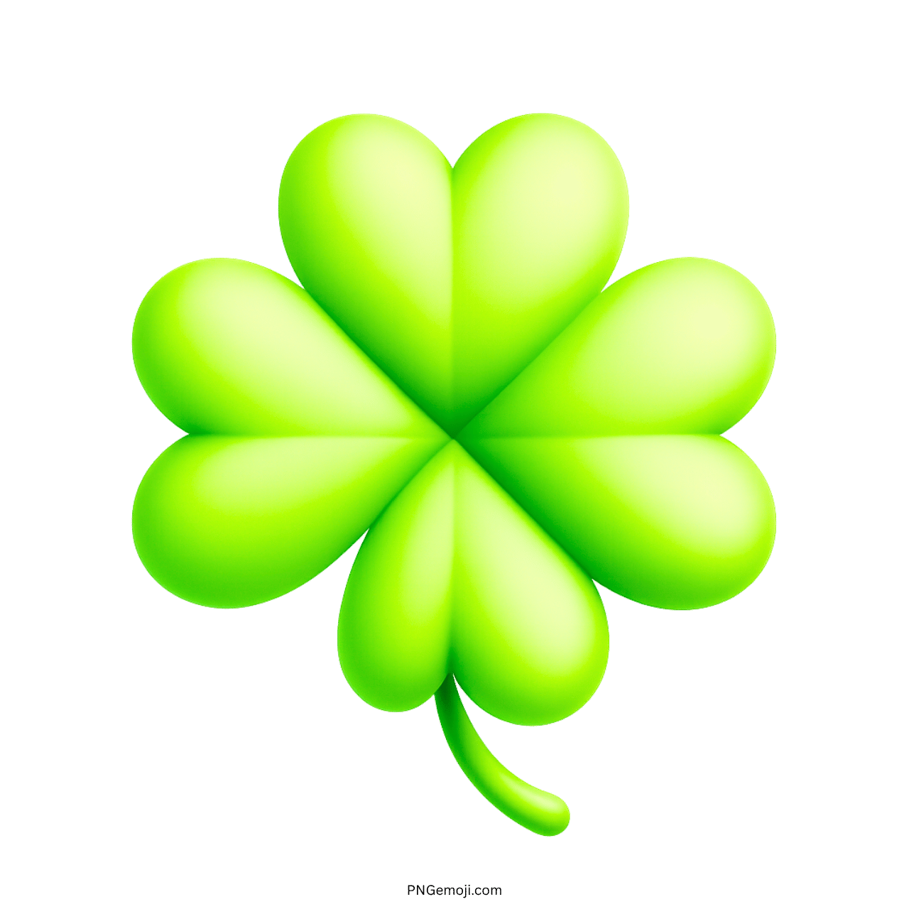 Bright green 3D four leaf clover emoji icon with transparent background for luck