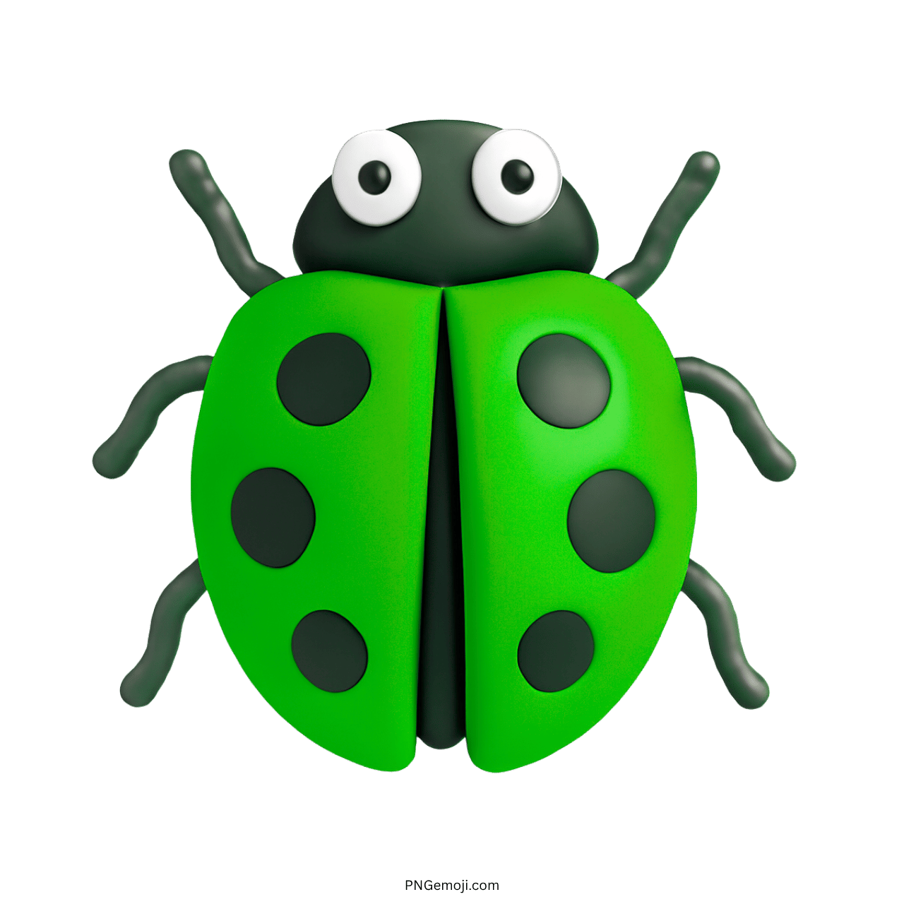 3D green lady beetle emoji with black spots and large eyes on transparent background