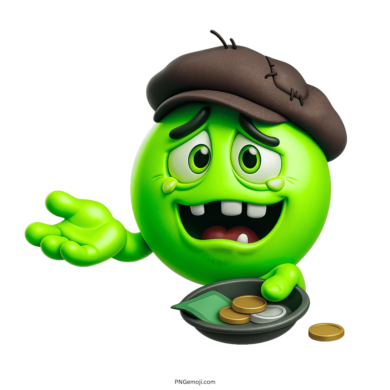 Green 3D emoji in patched cap holding money bowl with sad expression