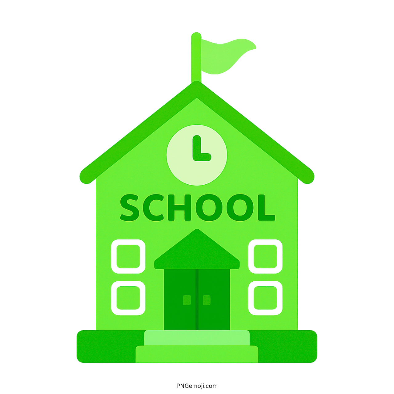 3D green school building emoji icon with clock and flag on transparent PNG