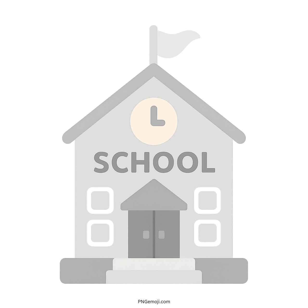3D grey school emoji icon with clock, door, and flag on transparent PNG