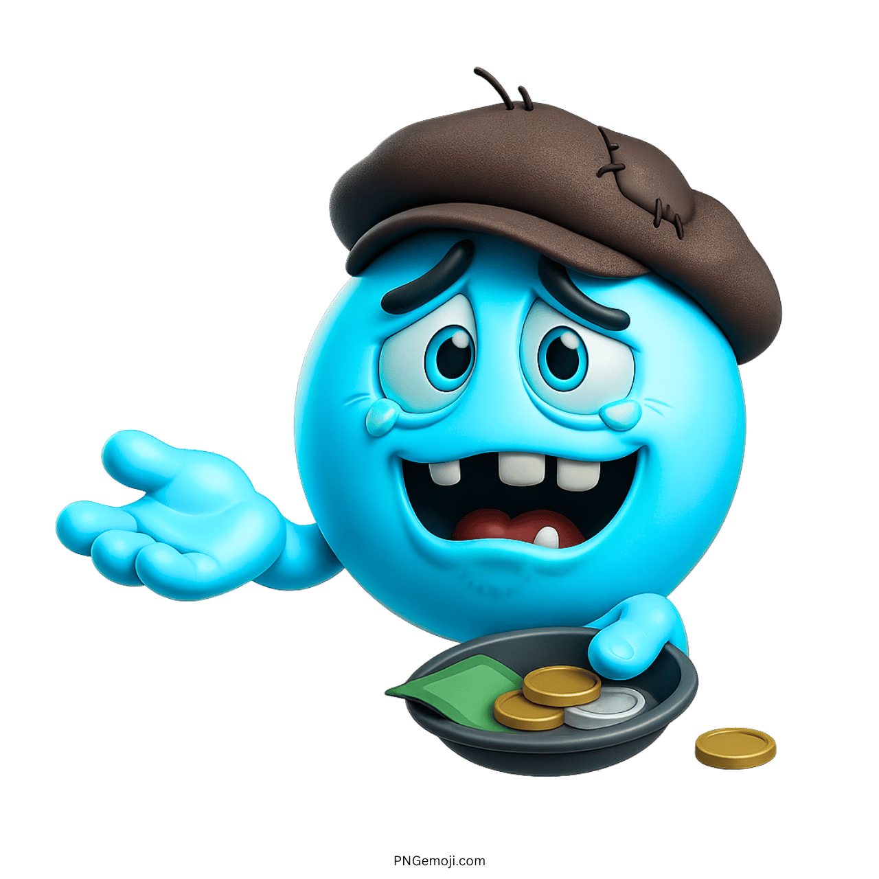 Light blue 3D emoji with sad face holding coins and notes in hat