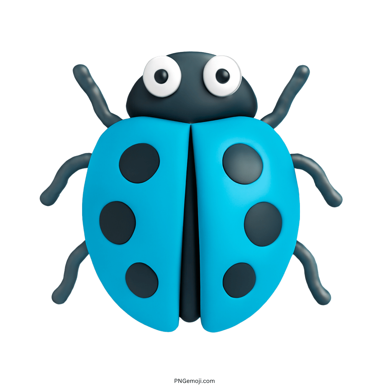 3D light blue lady beetle emoji with black spots and cartoon eyes on transparent background