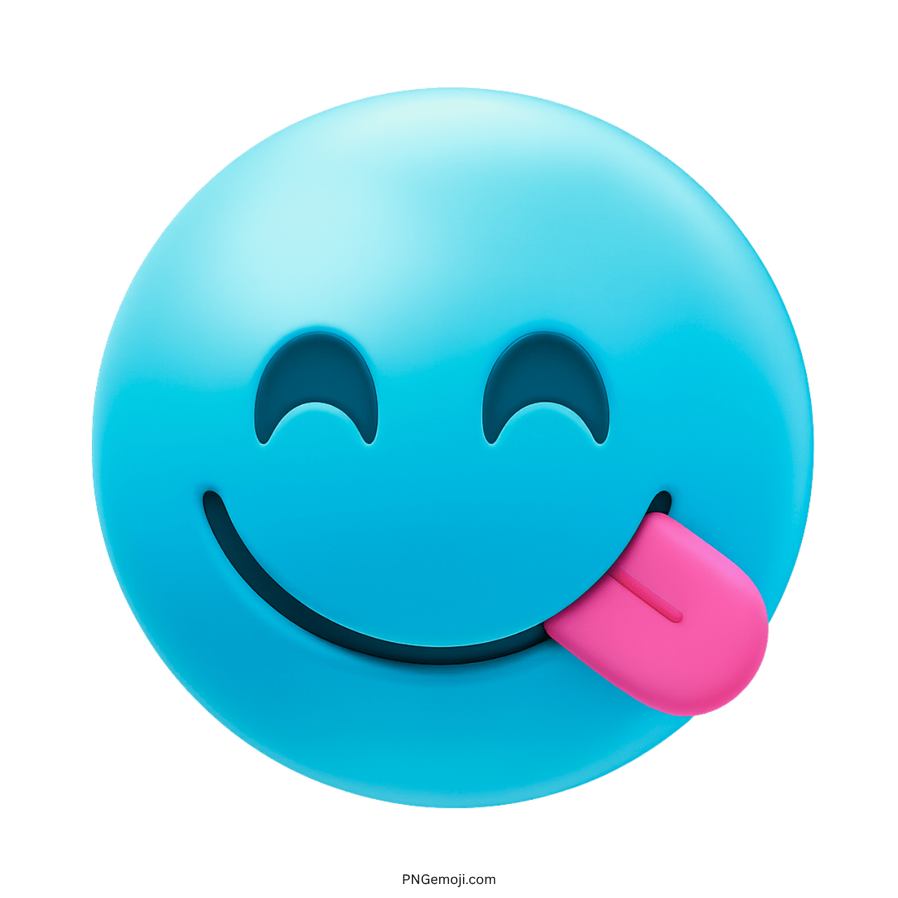 3D light blue yummy emoji with pink tongue and closed eyes smiling expression