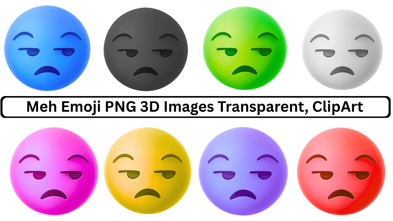 Multicolor 3D meh emoji faces with transparent background for digital use and clipart