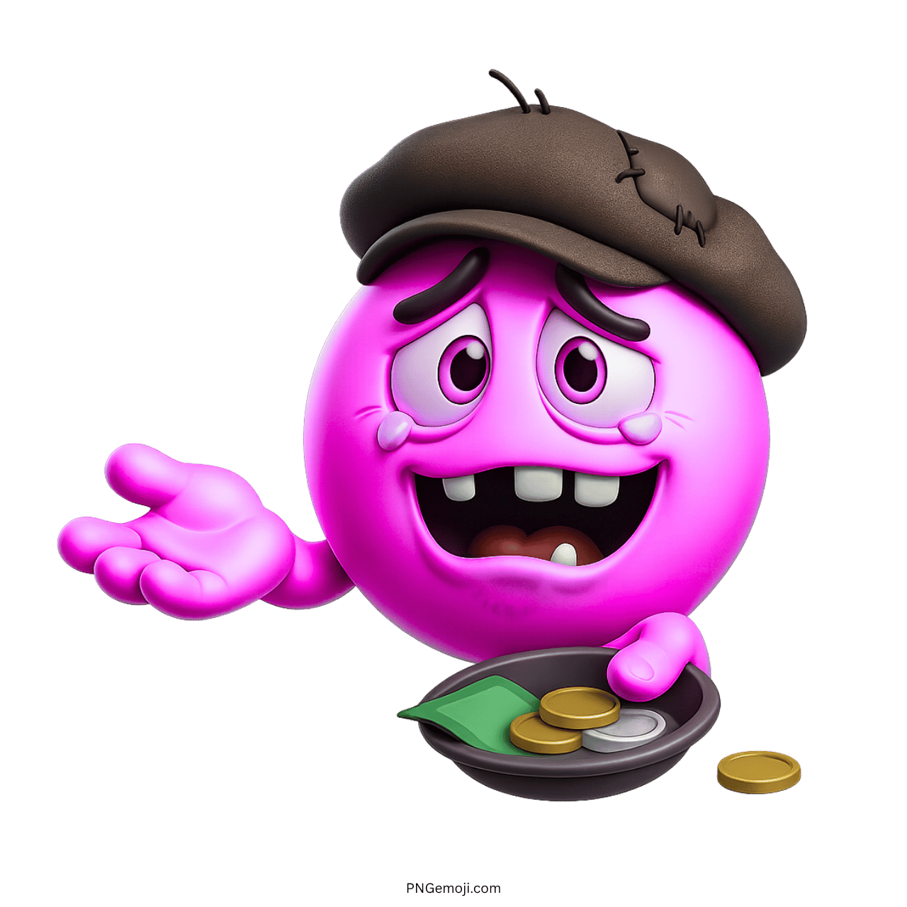 Pink 3D emoji with sad eyes holding a money bowl wearing a patched cap