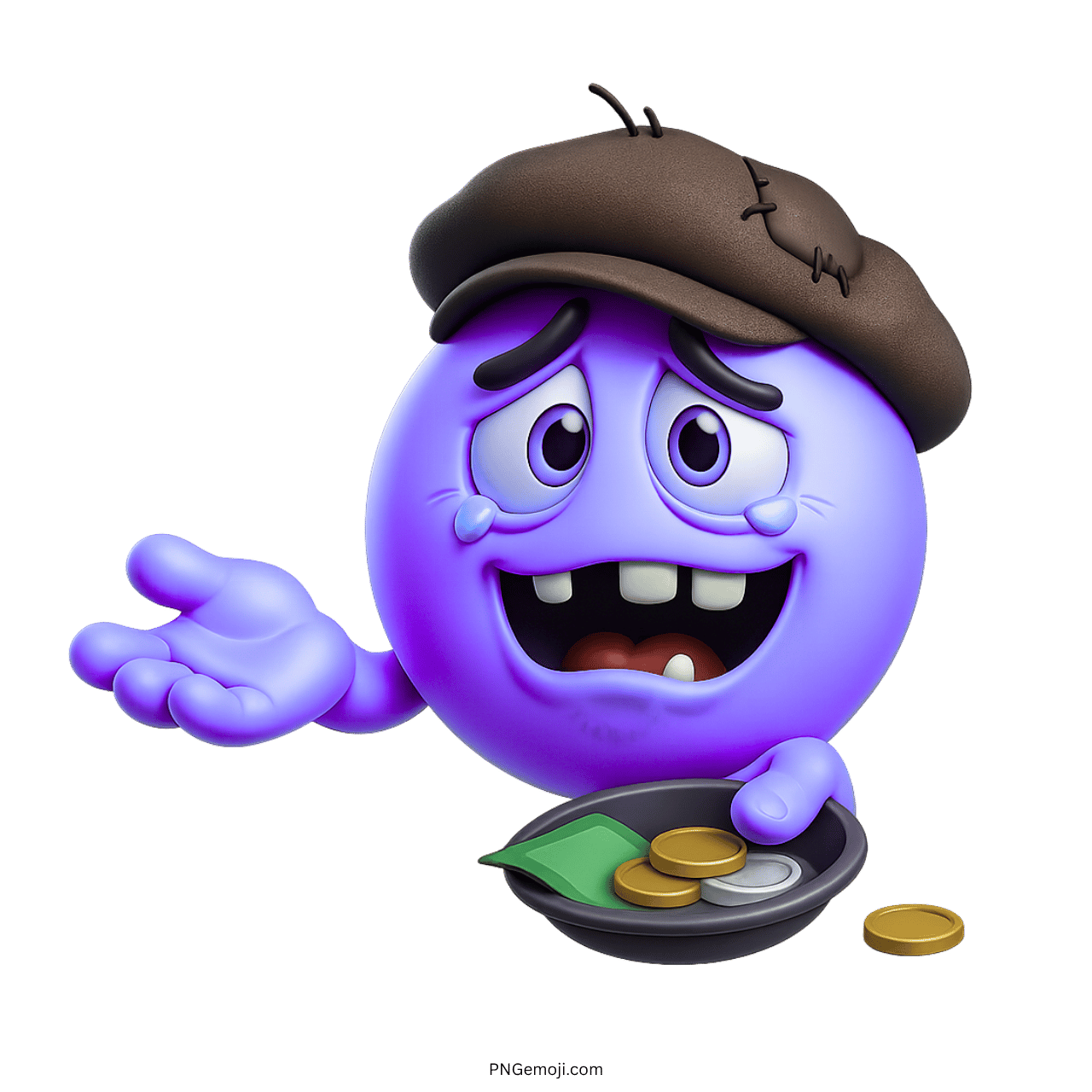 Purple 3D emoji with crying face holding a hat with coins and currency