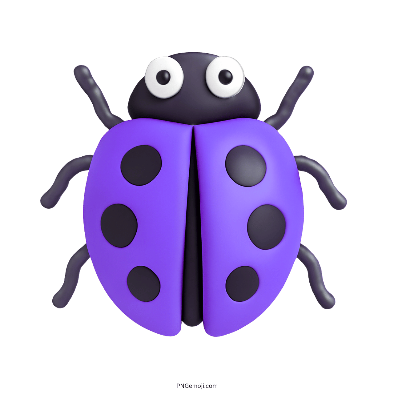 3D purple lady beetle emoji with black spots and cartoon eyes on transparent background