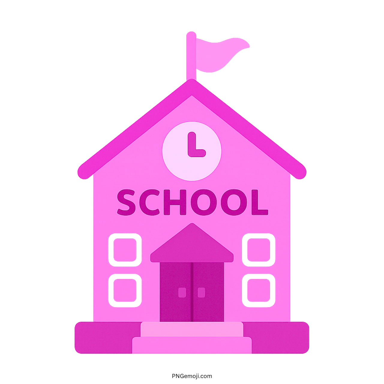 3D purple school building emoji with clock, flag, and door on transparent PNG