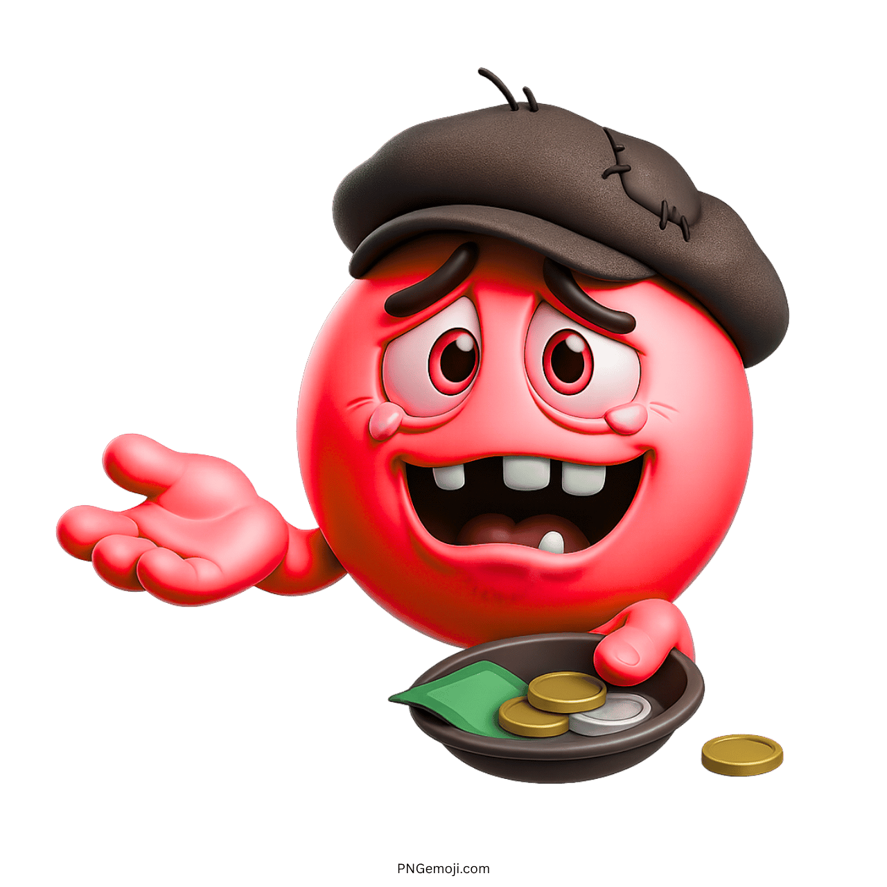 Red 3D emoji with sad crying face holding begging bowl with money