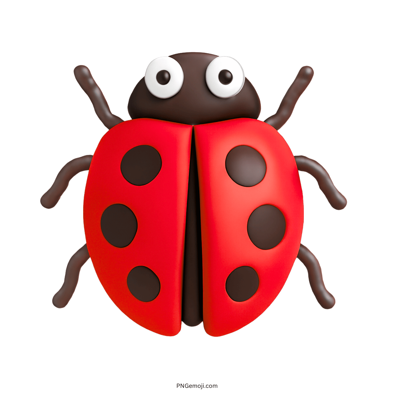 3D red lady beetle emoji with black spots and cartoon eyes on transparent background