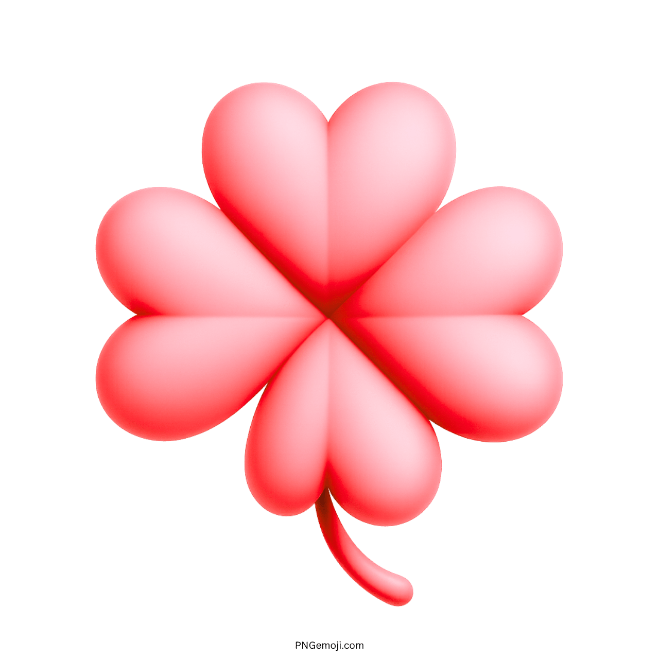 Glossy red pink 3D four leaf clover emoji with heart shape leaves PNG