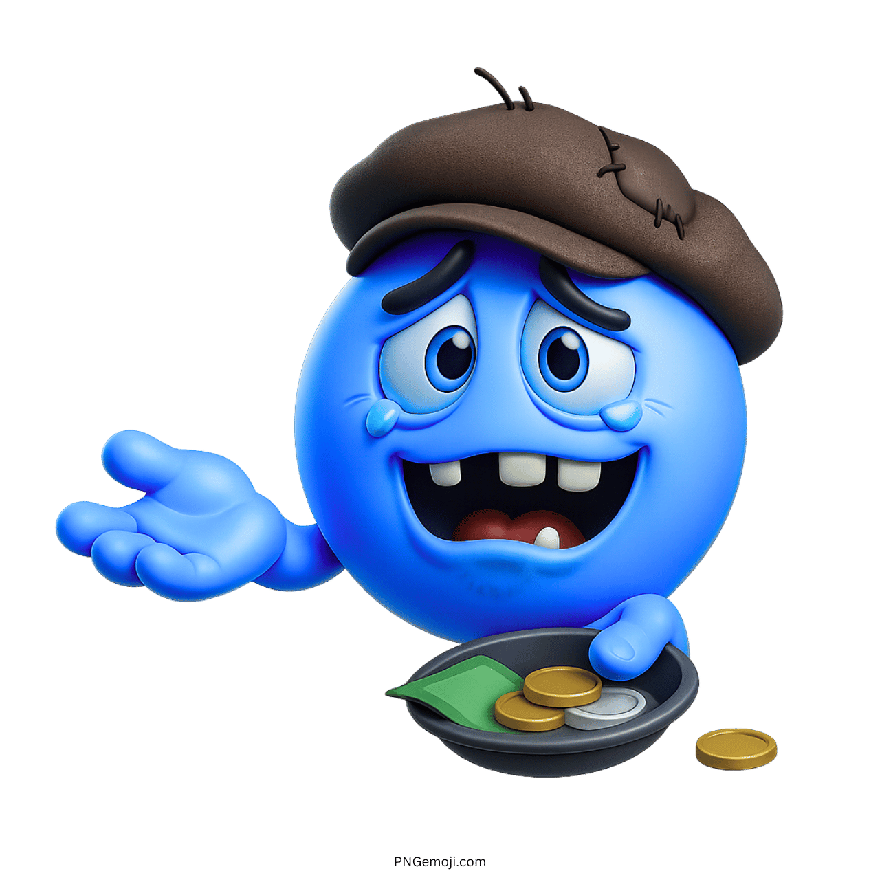 3D blue emoji begging with sad face, holding coins and cash in hat